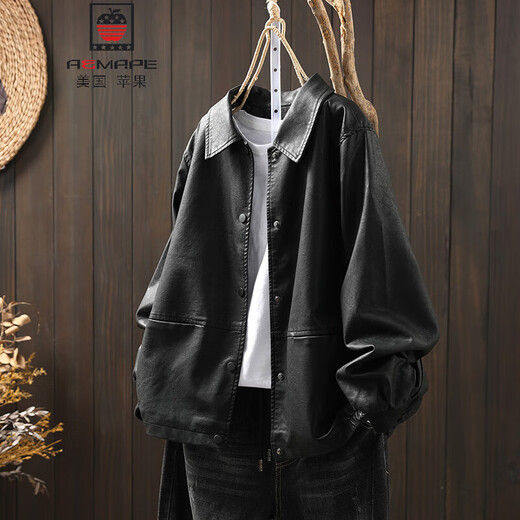 AEMAPE black leather jacket women's loose and slim spring and autumn new style lapel pu leather motorcycle jacket Hong Kong style jacket trendy black L -110-125Jin Jin equals 0.5 kg