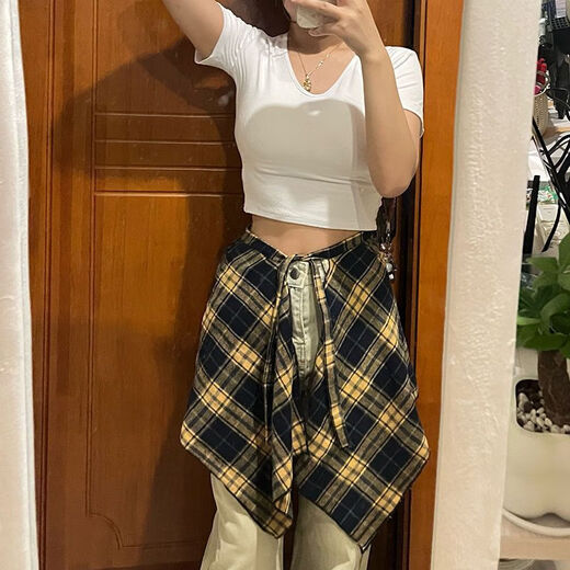 CEENIU Plaid Butt Curtain Women's Hip Covering Artifact Hem Layered Wear Casual Style Skirt One-piece Lace-up Butt Curtain Skirt Black and Yellow Checkered Shirt Skirt One Size