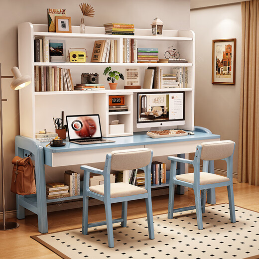 Huixun solid wood double desk bookshelf integrated table student home study table liftable bedroom wall extension computer desk walnut color #double desk + bookshelf 160cm*60cm*75cm total height 190cm