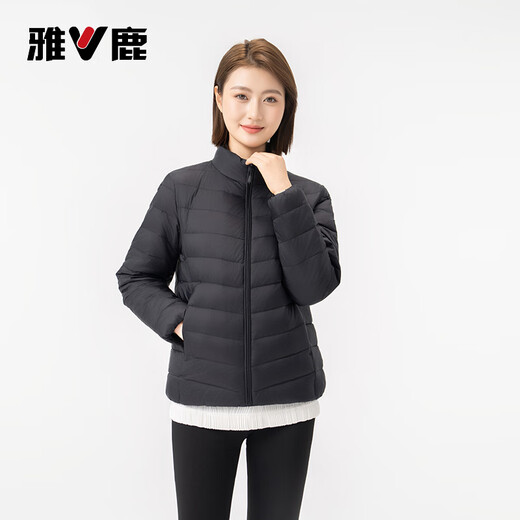 Yalu Down Jacket Women's Lightweight Autumn Down Stand Collar Simple Solid Color Slim Fit Warm Short Jacket Black 175