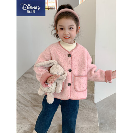 Disney Girls' Polar Fleece Jacket Spring and Autumn 2025 New Little Girl Baby Lamb Wool Cardigan Top Children's Autumn Clothing Pink Dot Lamb Wool Material Plus Velvet Thick Style 90 cm
