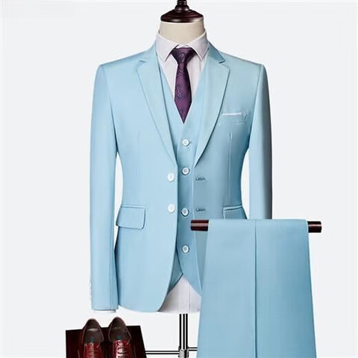 Woodpecker autumn and winter three-piece suit for men plus size plus size business professional formal suit wedding dress performance host clothing sky blue suit + pants L