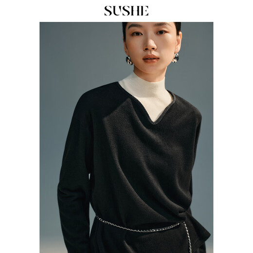 SUSHE Queying minimalist Chinese style smooth hair drop-shaped long-sleeved elastic waist side slit skirt suit Yantian black-skirt M