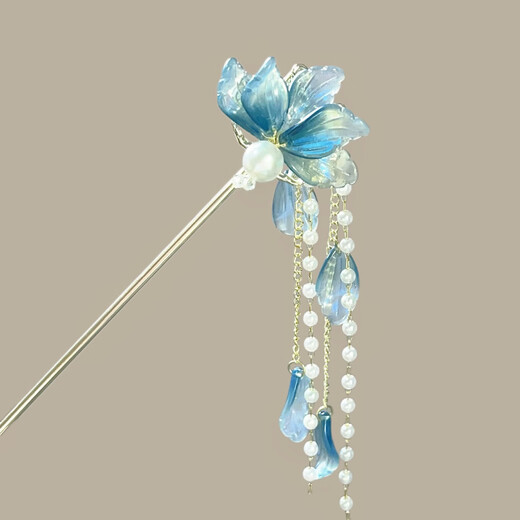 Shena ancient style blue flower hairpin, high-end new Chinese style pearl tassels, gift to girlfriend hair accessories, hairpin, blue petals