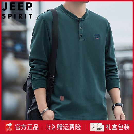 JEEP SPIRIT high-end heavyweight pure cotton Henry collar sweatshirt long-sleeved shirt men's spring and autumn American casual bottoming men's shirt trend SS7285 dark green baseball collar regular M recommended 100-120Jin Jin equals 0.5 kg