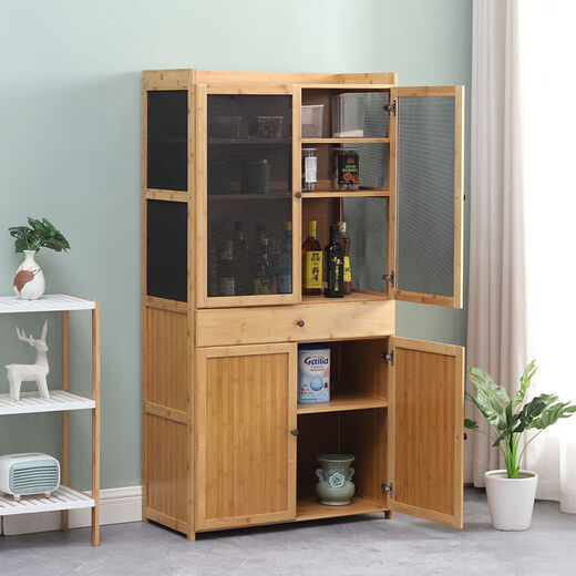 Küchenschrank mehrschichtiger Aufbewahrung Haushalt Lagerschrank Einfacher Küchenschrank fester Bambusholz wirtschaftliche Mikrowellenofenschrank Originalfarbe Höhe 16859 Zeichnen von Diamantmaschen Ersatz 4 Türen