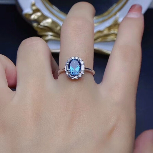 China University of Geosciences Natural Topaz Ring S925 Pure Silver Crystal Full Clear, London Blue 6*8mm