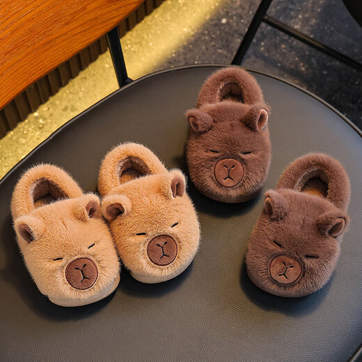 Kapibara winter children's bag with cotton shoes to keep warm at home. Furry EVA bottom non-slip cotton slippers for small and medium-sized children. Upgraded environmentally friendly material light brown color 12 38/39 size (suitable for 37/38 feet)