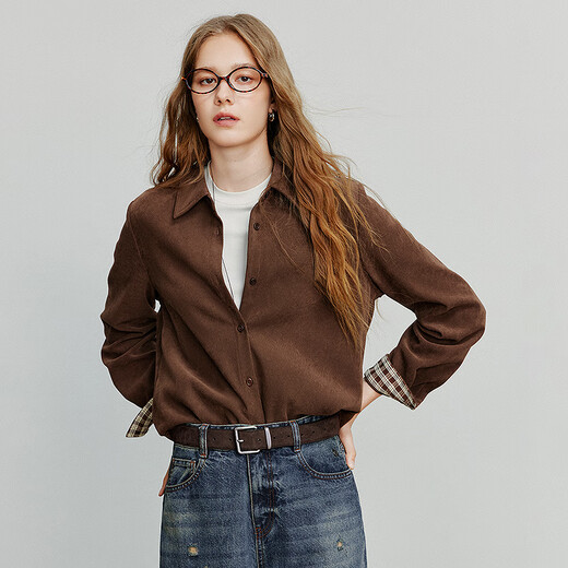 Chuyu Shirt 2025 Autumn New Style Luli Style Brushed Stitching Plaid Shirt Versatile Top Mocha Brown M