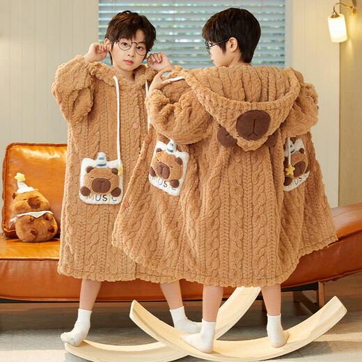 Children's pajamas autumn and winter boys' coral velvet thickened pajamas, medium and large children's boys' hooded winter bathrobes, home clothes EDL-6632 Capibala 140 size 16, height 135-145 cm (60-70 Jin Jin is equal to 0.5 kg)