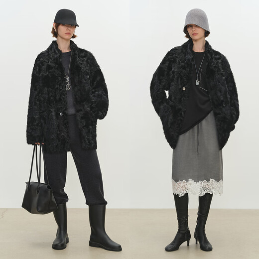 MSBEAST Miss Beast Light and Delicate Little Hu Sheep Natural Curly Hair 0 Pressure Standing Collar Medium Long Fur One-piece Fur Women Ebony Brown S