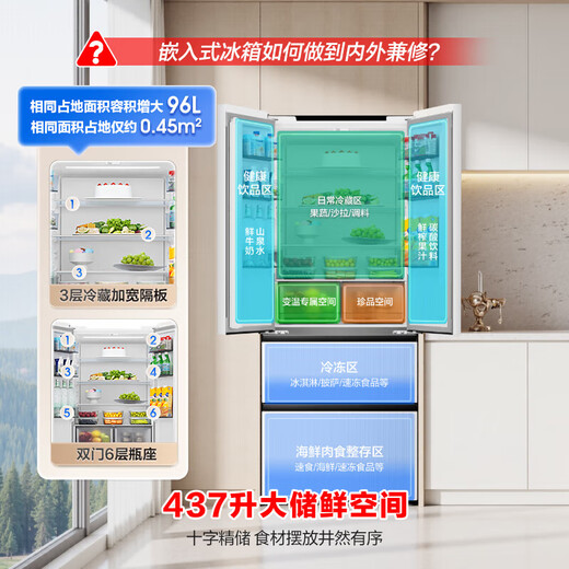 Rongsheng 437L French multi-door four-door ultra-thin zero-embedded bottom heat dissipation household first-class energy efficiency dual-frequency air-cooled frost-free mother and baby refrigerator national subsidy BCD-437WD3MPQ white