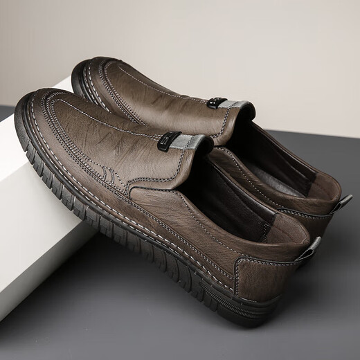 Factory direct sales leather shoes men's formal shoes business casual shoes genuine leather soft sole non-slip driving shoes dad shoes khaki 42