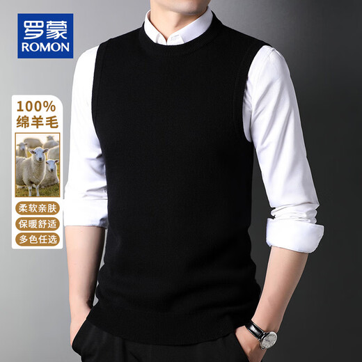 ROMON 100% pure wool sweater men's thick vest round neck autumn and winter casual vest sleeveless waistcoat sweater for middle-aged and young people