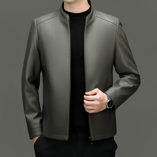 Lilang Autumn and Winter Men's Leather Jacket Fashionable Brand Stand Collar Dad Casual Jacket Simple Handsome Leather Jacket Men's Thin Black M 170