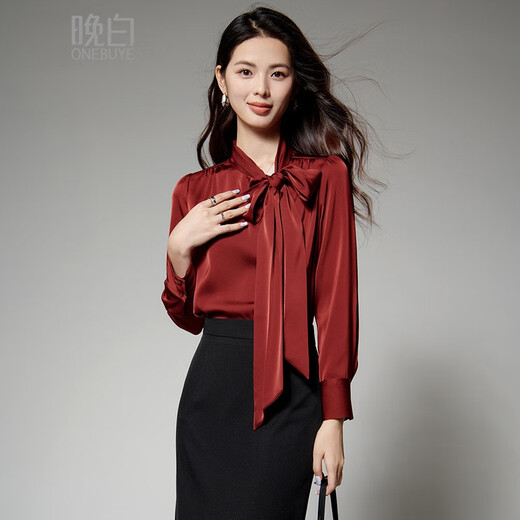 Late White New Product 2025 Autumn Style Chinese Red Lace Elegant Shirt Commuting Solid Color Light Mature Fashion Shirt Women Dark Red M
