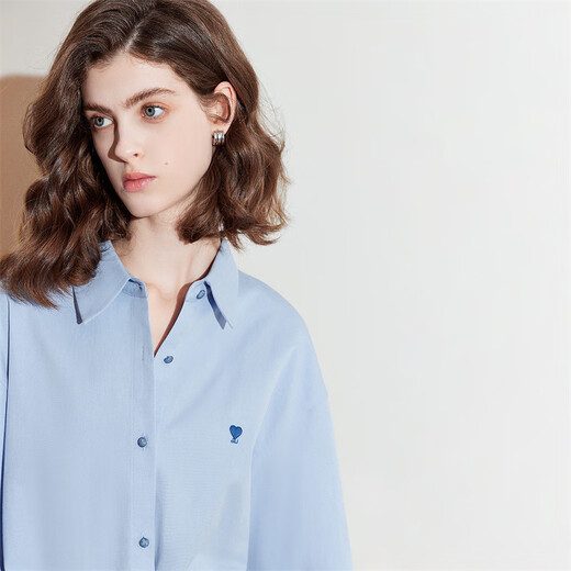 Chuyu love embroidered shirt for women 2025 new autumn style simple versatile solid color top pure cotton shirt sky blue XL