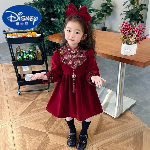 Disney (Disney) Girls Dress Autumn and Winter 2025 New Children's New Year's Eve Clothes Winter New Year Baby Sequined Red Skirt Picture Color 90 cm