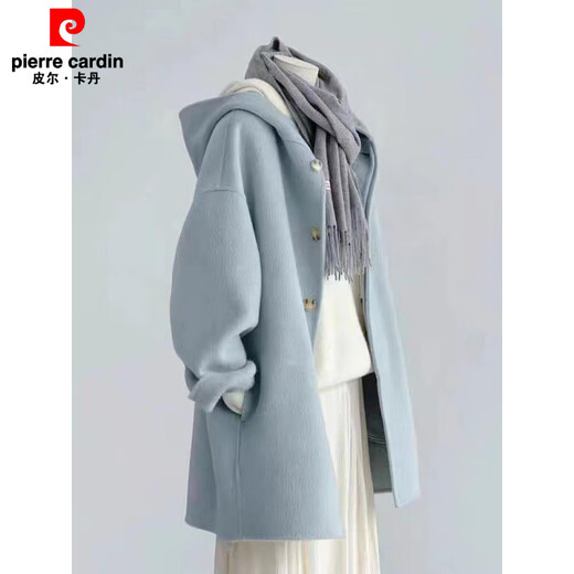 Pierre Cardin fat mm extra large size 300 Jin Jin equals 0.5 kg Woolen coat women's autumn and winter feeling small cream blue hooded coat Picture color XL 110-140 Jin Jin equals 0.5 kg