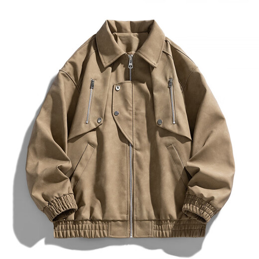 Classic car lapel retro leather jacket men's washed PU leather handsome American casual motorcycle jacket dark gray M