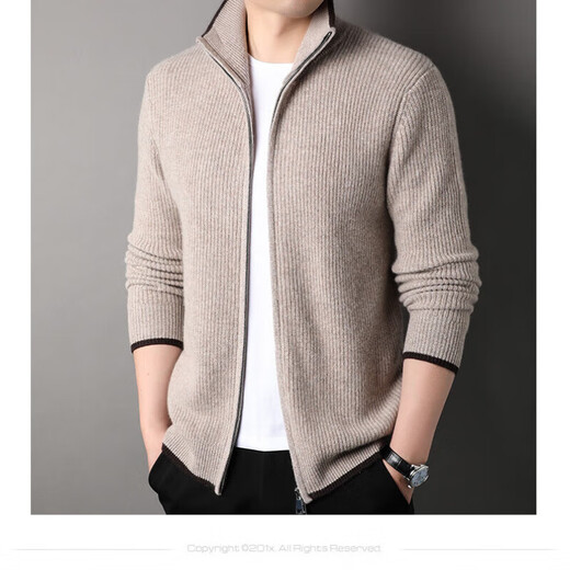 TJQ high-end British brand cardigan wool sweater for men 2025 autumn and winter thickened men's turtleneck sweater jacket light khaki 4XL 195 suitable for 190-220Jin Jin equals 0.5 kg