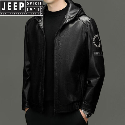 JEEP SPIRIT2025 spring and autumn first layer genuine cowhide hooded jacket motorcycle casual trendy leather jacket short oil wax embroidered model black M 170 suitable for 110-135 Jin Jin equals 0.5 kg