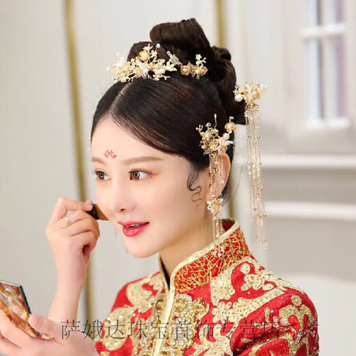 Hengjiu Ye Lao Phoenix Gold Store Style Chinese Xiuhe Clothing Headwear Bride Wedding Attractive Phoenix Crown Hanfu Full Set Wedding Hair Accessories Picture Set (Ear Clip Style)