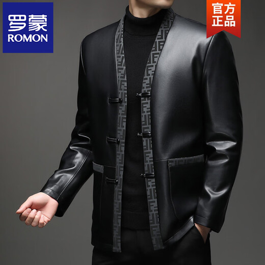 ROMON Haining Autumn and Winter Leather Men's Tang Suit Leather Jacket Velvet Thickened Chinese Style Imitation Sheepskin Jacket Black M 170