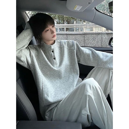 Katuchi American Henry collar long-sleeved sweatshirt for men and women in autumn and winter plus velvet thick boxy version right shoulder inner layering clothes base shirt white gray XL