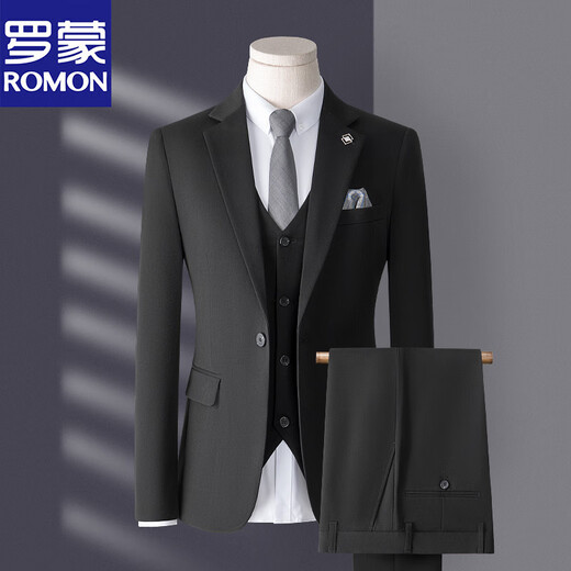 Luo Meng high-end suit men's three-piece Korean style slim business casual suit groom's wedding dress black top + pants + vest free shirt 2XL