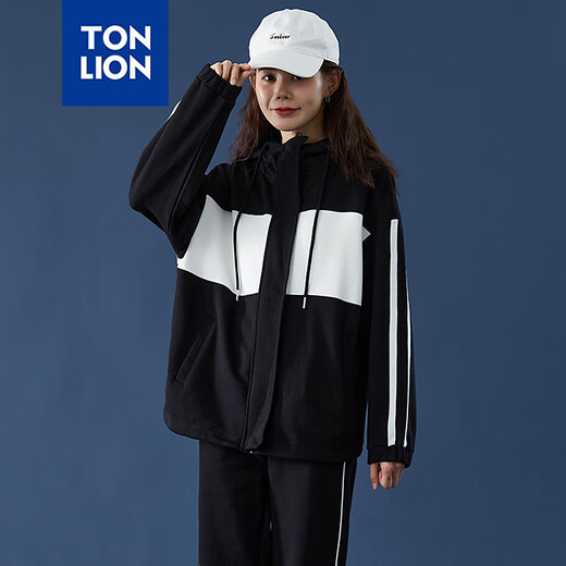 TonLion women's patchwork contrasting color cardigan hooded sweatshirt jacket top/black M