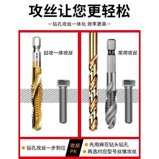 Delixi Electric titanium-plated wire tapping taper drill tapping hole composite one-piece hexagonal threaded drill bit tapping self-tapping screw high-speed steel 3+4+5+6 4 pieces in total