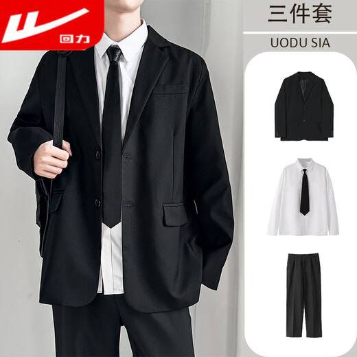 Pull back student suit suit men's loose casual black small suit handsome professional formal jacket DK black top black suit + shirt + trousers S