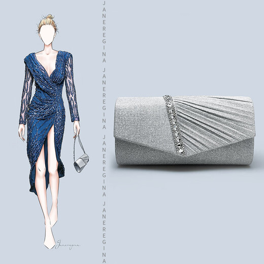 Jane Regina high-end evening dress small clutch silver banquet clutch bag women's diamond pleated bag with cheongsam clutch bag light gray thick long chain + slender chain