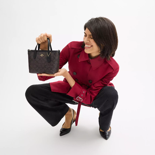 COACH Women's CITY15 Small Tote Bag Wide Shoulder Strap One-shoulder Crossbody Handbag Valentine's Day Gift for Girls Walnut Color with Black CW032IMXAQ