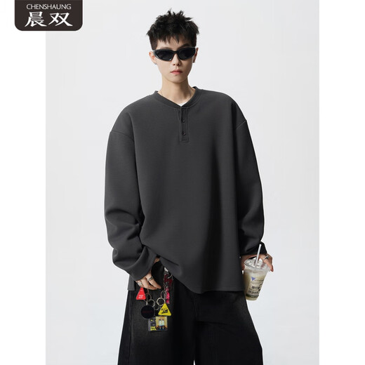 CHENSHAUNG solid color 300Jin Jin is equal to 0.5kg sweatshirt men's fat Henry collar long-sleeved T-shirt extra large size simple outdoor casual bottoming shirt jacket black 8XL recommended 270-300Jin Jin is equal to 0.5kg