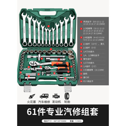 Green Forest 32-piece socket set, socket wrench, spark plug tool set, auto repair vehicle tool box, always available with the vehicle, upgraded 72-tooth curved handle auto repair 61