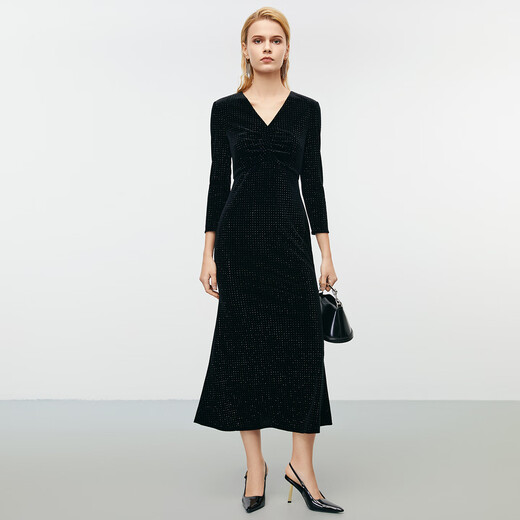 EITIE exquisite light luxury high-end velvet V-neck fishtail dress long skirt autumn and winter new banquet women's skirt 8077704 minimalist black 20 L (165)