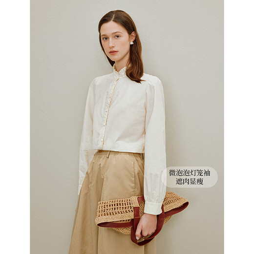 Inman pure cotton poplin French stand collar lace shirt 2025 autumn women's new long-sleeved top beige M