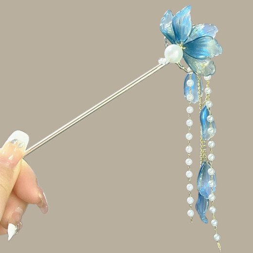 Shena ancient style blue flower hairpin, high-end new Chinese style pearl tassels, gift to girlfriend hair accessories, hairpin, blue petals