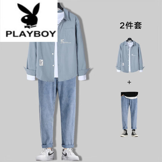 Playboy (Playboy) Мужская повседневная рубашка с длинным рукавом мужская набор весна и осенняя модная мужская одежда Полный комплект со зрелой модной одеждой 679 синяя рубашка + длинная белая T + 71 синие джинсы xl