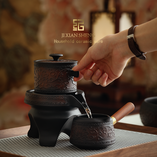 Mr. Ji's Dunhuang Forbidden City Purple Pottery Automatic Teapot, Teacup and Tea Set is a Mid-Autumn Festival birthday gift for the elders. 1. (Twinkle Pattern) Purple Pottery Automatic Set of 9 Pieces in Leather Box