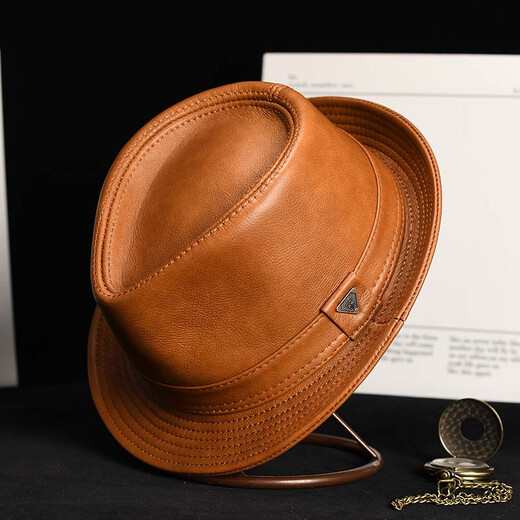 What a cool leather hat, men's autumn and winter hat, casual gentleman hat, middle-aged and elderly dad hat, elderly retro sheepskin cowboy hat, cowhide yellow-brown (4cm) brim 2XL (58-61cm) can be fine-adjusted