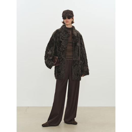 MSBEAST Miss Beast Light and Delicate Little Hu Sheep Natural Curly Hair 0 Pressure Standing Collar Medium Long Fur One-piece Fur Women Ebony Brown S