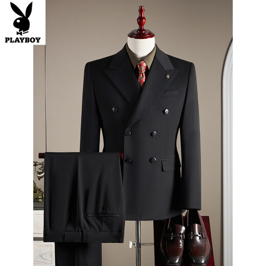 Playboy (PLAYBOY) double-breasted light luxury wool suit men's suit business formal fit plus size groom wedding suit three-piece black suit + trousers 4XL (165-180Jin Jin equals 0.5 kg)