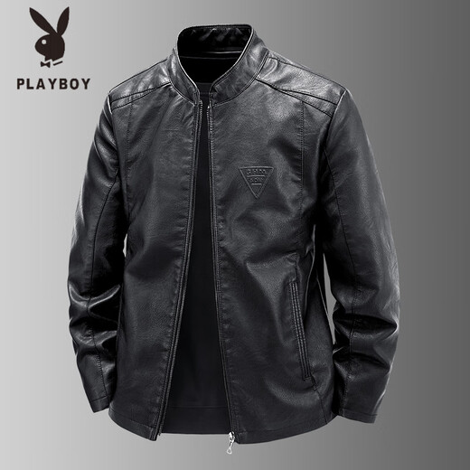 Playboy (PLAYBOY) high-end Haining leather jacket men's stand-up collar plus velvet thickening slim casual trendy handsome leather jacket motorcycle jacket black without velvet BJ6618 2XL