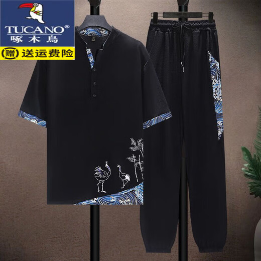 Woodpecker Ice Silk Suit Men's Summer Thin Tang Suit Short Sleeve Casual Chinese Style Men's Loose Hanfu Set A Set Handsome 497 White [Set] Thin XL Recommended 125-140Jin [Jin equals 0.5 kg]