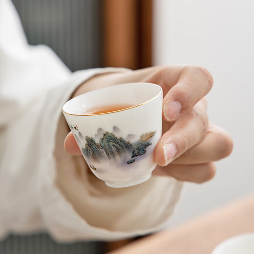 Gold inlaid jade mutton fat jade porcelain tea set Household ceramic tureen teapot teacup Kung Fu tea set complete gift box Taoyuan Yiju teapot tureen set 13 pieces