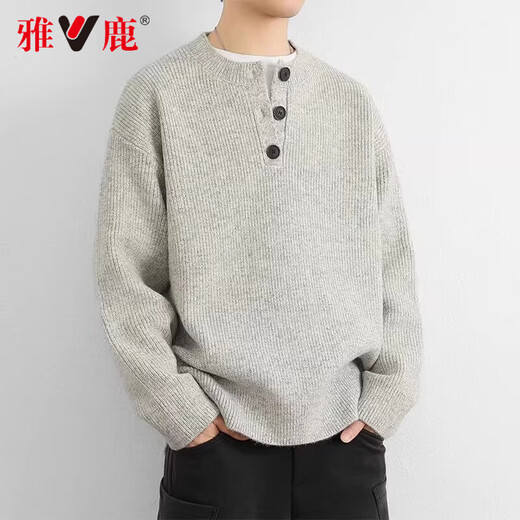 Yalu sweater men's autumn and winter American retro Henry collar lazy style high-end sweater men's sweater jacket light gray XL recommended 135-150Jin Jin equals 0.5 kg