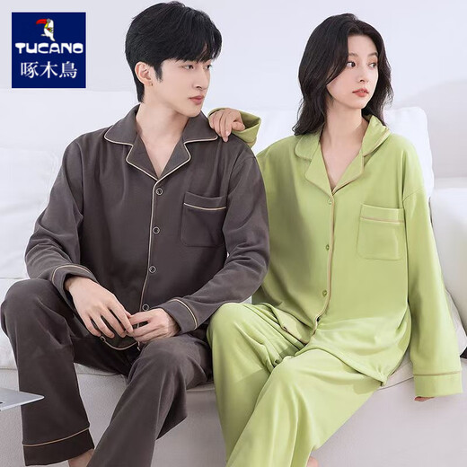 Woodpecker spring and autumn pajamas for men and women, long-sleeved, can be worn outside, couples thickened large size coral velvet home clothes set, men DM801 dark gray 3XL